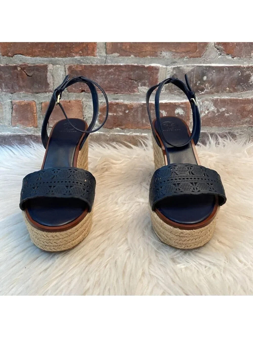Tory Burch Roselle Navy Laser Cut Leather Platform Espadrille Sandals, Size 10.5